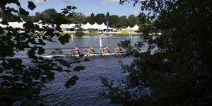 A rowing crew on the River Thames on the opening day of the 2021 Henley Royal Regatta.