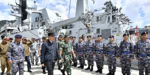 Indonesian President Joko Widodo inspects the navy ship KRI Usman Harun at Selat Lampa Port on the Natuna Islands in January 2020. 