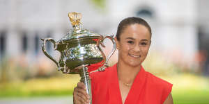 Australian Open women’s singles champion Ash Barty pictured the morning after winning the Daphne Akhurst trophy. 