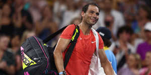 Rafael Nadal leaves the court after losing his match against Jordan Thompson.