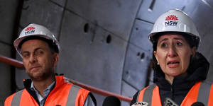 Premier Gladys Berejiklian and Transport Minister Andrew Constance inside the new cross-harbour metro tunnel between Blues Point and Barangaroo. 