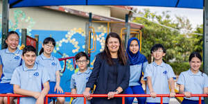 Beverley Hills Primary School acting principal Elena Pitsiakkos with year 5 students,from left,Alina,Azlan,Clara,Quinton,Rahma,Morgan and Olivia.