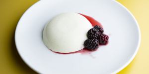 Fig leaf pannacotta with mulberries. 