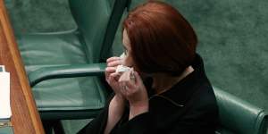 Julia Gillard,pictured in Federal Parliament in 2011,was routinely criticised for crying,while in power.