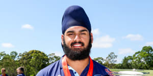 Harjas Singh with the under World Cup and wearing his winner’s medal at Cricket NSW headquarters.