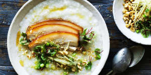 Chinese comfort food:Pork belly congee with ginger and soy.