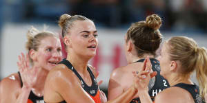 Matilda McDonell of the Giants celebrates during the round five Super Netball match between GWS Giants and Collingwood Magpies at Ken Rosewall Arena on April 16,2022 in Sydney,Australia.