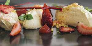Pedro Ximenez cheesecake,strawberries,rhubarb,citrus crumb and basil.