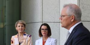 Minister for Employment,Skills,Small and Family Business Michaelia Cash,Families and Social Services Minister Anne Ruston and Prime Minister Scott Morrison announce a permanent rise to JobSeeker.