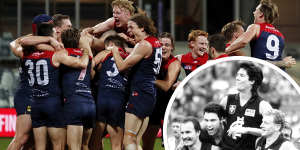 Stacks on:Max Gawn and the Demons celebrate their win against Geelong. Inset:Stephen Kernahan at the 1987 VFL final. 