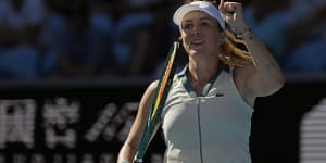 Anastasia Pavlyuchenkova of Russia reacts after defeating Donna Vekic of Croatia in their first round match at the Australian Open.