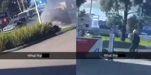 Images from a video showing the crashed Mazda and one of the masked gunman running from the scene.