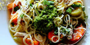 Serve with pesto:Italian chicken noodle soup.