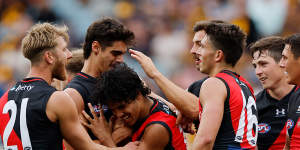Alwyn Davey junior’s first goal was an early highlight on a memorable day for the Bombers against Hawthorn.