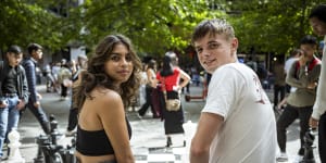 First-year RMIT students Hardi Patel and Tobey Nunn enjoyed the O-week “street festival” on campus on Thursday.