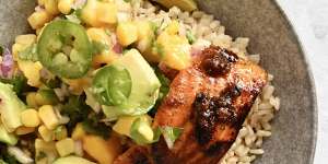 Mexican glazed salmon with mango salsa.