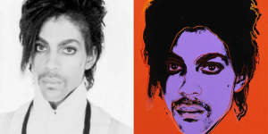The original Lynn Goldsmith photograph of Prince,left,which Andy Warhol altered in various ways.