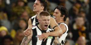 Jordan De Goey celebrates a key goal against the Tigers.