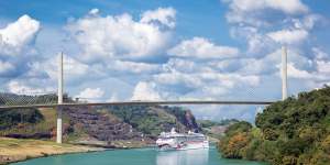 Norwegian Jewel passes beneath Centennial Bridge on the Panama Canal.