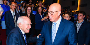 Peter Dutton with former prime minister John Howard at the Liverpool Catholic Club in Prestons for the Coalition campaign launch on April 13.