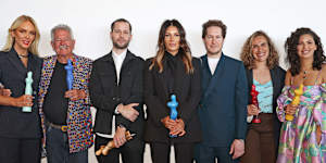 Australian Laureate award winners Rebecca Vallance,Ken Done,Robert Sebastian Grynkofki,Camilla Freeman-Topper,Marc Freeman,Laura Thompson and Lesleigh Jermanus attend the Australian Fashion Laureate 2022 at Museum of Contemporary Art on November 22.