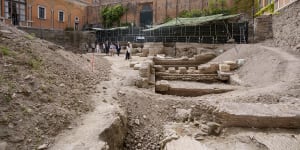 The excavation site of the ancient Roman emperor Nero’s theatre,1st century AD,backdropped by the church of Santo Spirito in Sassia,in Rome.