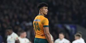 LONDON,ENGLAND - NOVEMBER 09:Joseph-Aukuso Suaalii of Australia looks on during the Autumn Nations Series 2025 match between England and Australia at Allianz Stadium on November 09,2024 in London,England. (Photo by David Rogers/Getty Images)