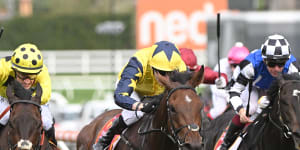 Mark Zahra wins the Caulfield Cup aboard Without A Fight.