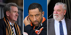 Wests Tigers chairman Barry O’Farrell,coach Benji Marshall and CEO Shane Richardson.