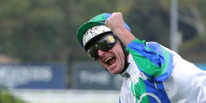 Luke Nolen salutes after I Wish I Win gets up the TJ Smith Stakes.