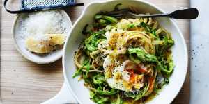 Put an egg on it:Adam Liaw's easy asparagus pasta.