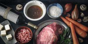 Ingredients for the French classic,beef Bourguignon.
