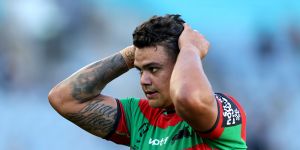 SYDNEY,AUSTRALIA - APRIL 06:Latrell Mitchell of the Rabbitohs reacts following the round five NRL match between South Sydney Rabbitohs and New Zealand Warriors at Accor Stadium,on April 06,2024,in Sydney,Australia. (Photo by Mark Metcalfe/Getty Images)