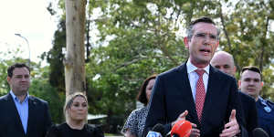 NSW Premier Dominic Perrottet at Robinson Park in Jamisontown on Monday.