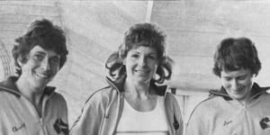 The Australian women’s soccer Team leaves for Hong Kong in 1975:captain Pat O’Connor,centre,Christel Abenthum,left,and goal keeper Sue Taylor.