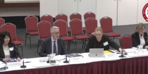 Members of the Queensland Crime and Corruption Commission,including chair Bruce Barbour (second-left),appear at a public meeting of the Parliamentary Crime and Corruption Committee on Friday.
