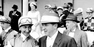 The champion pairing of jockey George Moore (left) and trainer Tommy Smith on Challenge Stakes Day at Randwick in January 1960.