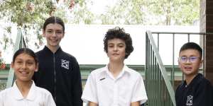 Killarney Heights Public School students Alicia Preston,Anais Sales,Hugo Prud’homme and Ralph Korompis. It has been 25 years since the school started its French bilingual program,and the suburb now has the largest population of French speakers in Australia.