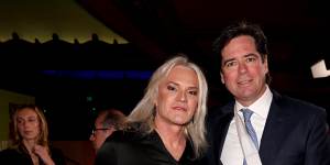 Laidley and AFL CEO Gillon McLachlan at the 2023 AFLW season launch. “It was a brutal time,” he says of her outing.
