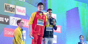 Australia's Mack Horton protests against China's Sun Yang's 400m freestyle win at the 2019 swimming world championships.