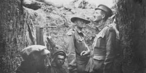 Australian soldiers in a trench at Lone Pine,Gallipoli.