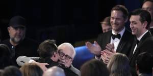 Kieran Culkin,left,embraces Brian Cox he wins an Emmy for his work in Succession this week. 