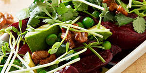 A mouthful:Beetroot and avocado salad with miso dressing and walnut brittle.