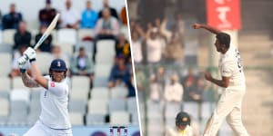 England captain Ben Stokes (left),and India’s Ravi Ashwin celebrates a wicket against Australia.
