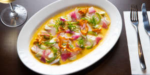 Kingfish tiradito is a vibrant dish at The Albion,much lighter than most pub fare.