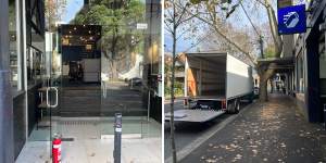 A truck waits outside Milkrun’s former office in Surry Hills on Thursday morning.