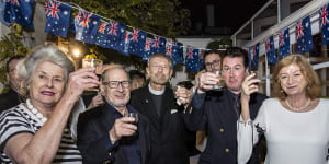 Members of the Australian Monarchist League,including Philip Benwell (second from left),at a gathering in Sydney’s Paddington last year.