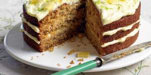 Layer cake with fresh and crystalised ginger,sandwiched with lime cream cheese icing