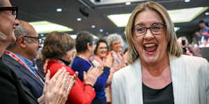 Premier Jacinta Allan receives a standing ovation at Labor’s state conference on Saturday.