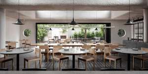 The dining room and rear courtyard at Jake Kellie's Adelaide restaurant Arkhe.